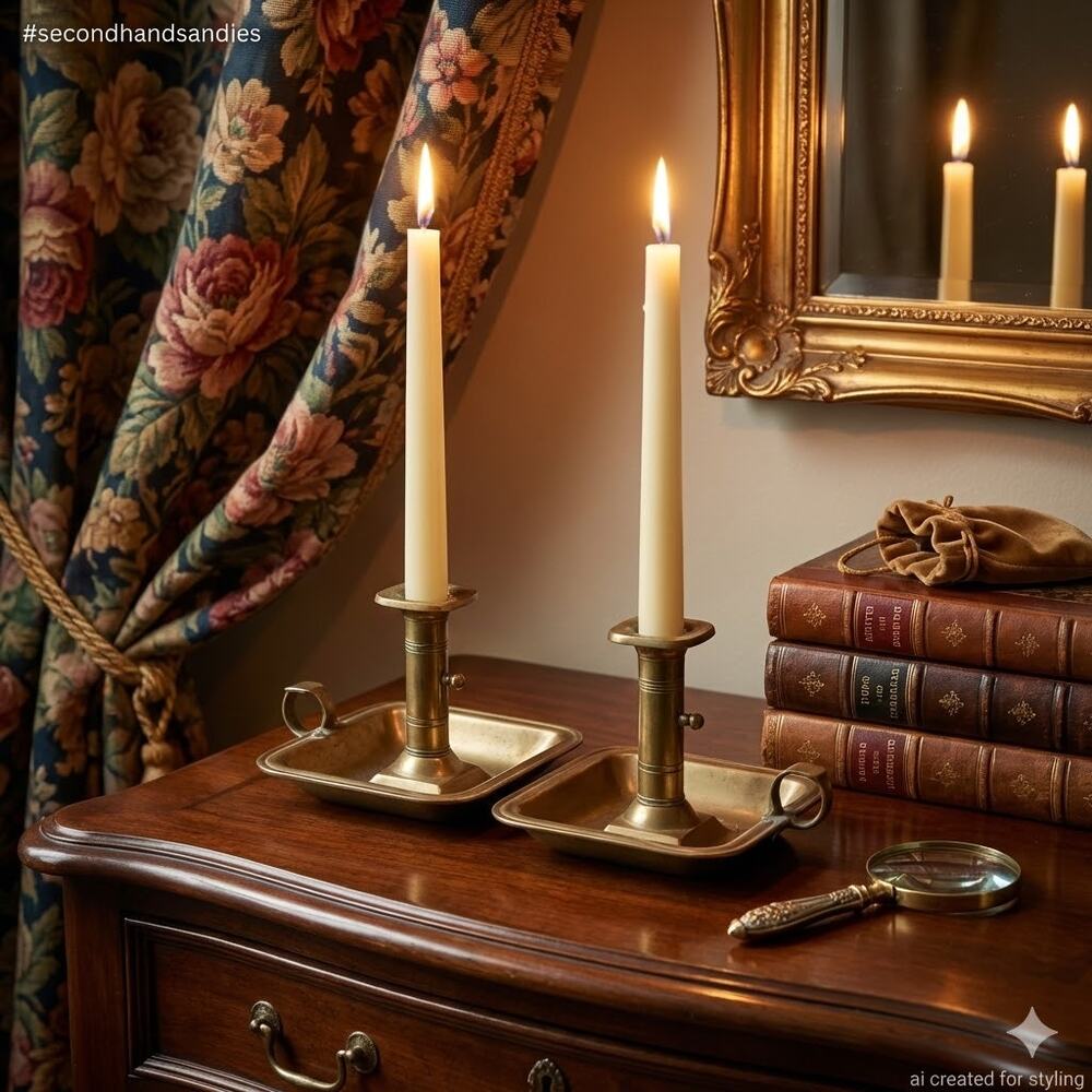 PAIR Beautiful Antique Brass Candle Holder With Wax Reservoir and handle Push Up